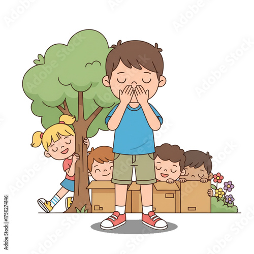 Illustration of a group of children playing the traditional Indonesian game of hide and seek. Isolated on a white background.