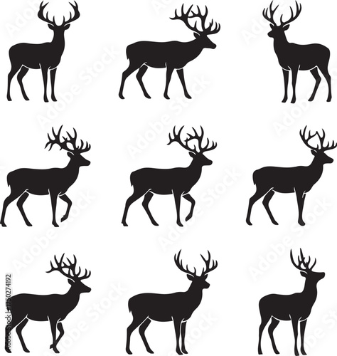 Deer Silhouette Collection: A collection of sleek, black deer silhouettes, each showcasing majestic antlers and poised in various stances.