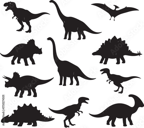 Dinosaur Silhouettes: A collection of diverse dinosaur silhouettes in black and white, perfect for use in design and illustration.