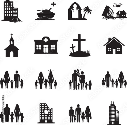 War and Social Symbol Icons: A collection of powerful silhouettes depicting the somber realities of war, devastation, and the enduring strength of community, as well as the symbols of hope. 