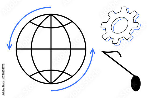 Globe with surrounding arrows, gear symbol, and needle represents globalization, innovation, processes. Ideal for business, technology, sustainability, collaboration development global reach