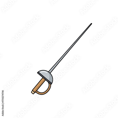 A rapier sword with a golden hilt and silver guard on white.