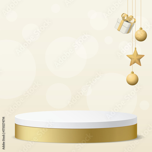 3D blank golden podium display have Christmas balls, star and gift box hanging above with square background graphic illustration.