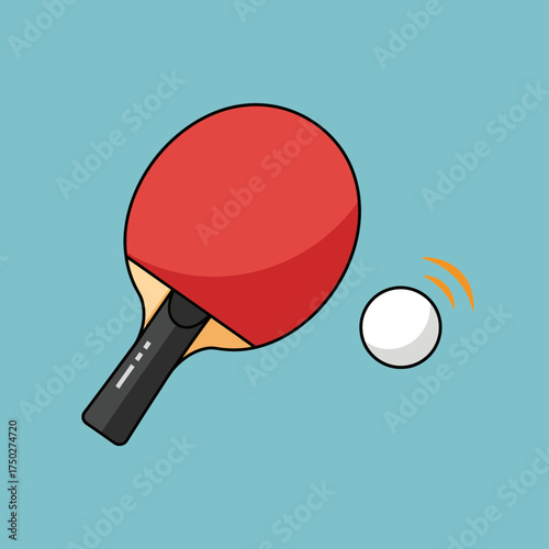 A red ping pong paddle and white ball on a light blue background.