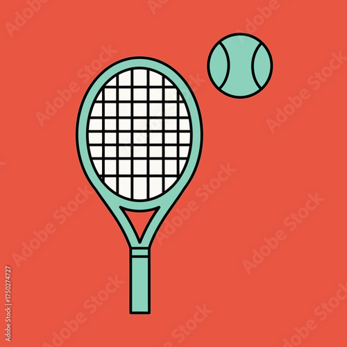 Tennis racket and ball illustration on a red background simple flat design.