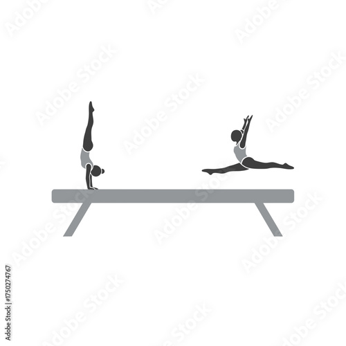Two gymnasts perform on a balance beam illustration in gray and white.