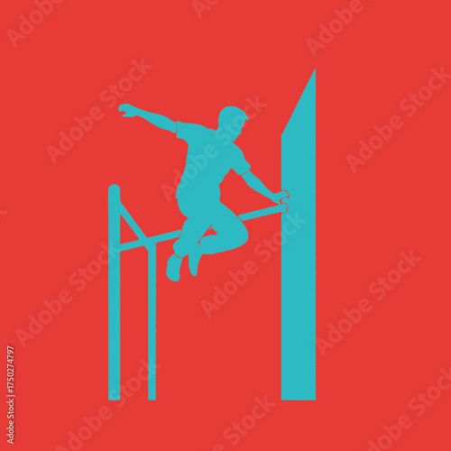 Silhouette of a person performing parkour on urban obstacles against a red background.