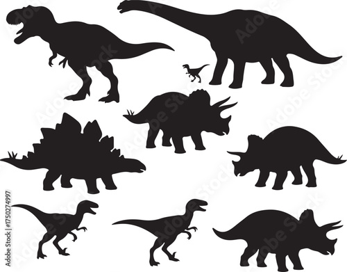 Ancient Giants Silhouette: A striking collection of dinosaur silhouettes, capturing the raw power and diverse forms of prehistoric life in monochrome detail.