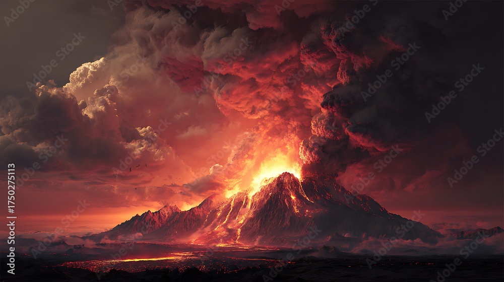 Fototapeta premium Fiery volcano erupting with lava spewing into a stormy, dramatic sky, showcasing nature's raw power and destruction