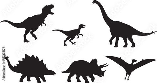 Prehistoric Shadows: Silhouette of diverse dinosaurs roaming in their ancient habitat, highlighting the majestic presence of these extinct creatures. 