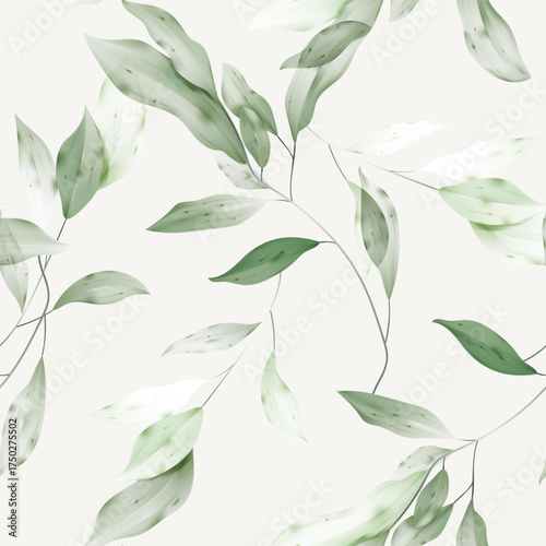 Botanical seamless pattern featuring watercolor-inspired style of intertwining green leaves and branches on a light brown background