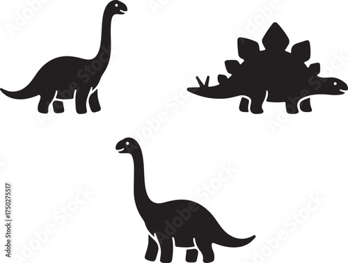 Dinosaurs Silhouettes: Striking black silhouettes of prehistoric giants, including the long-necked Brachiosaurus and the iconic Stegosaurus, on a crisp and simple background.