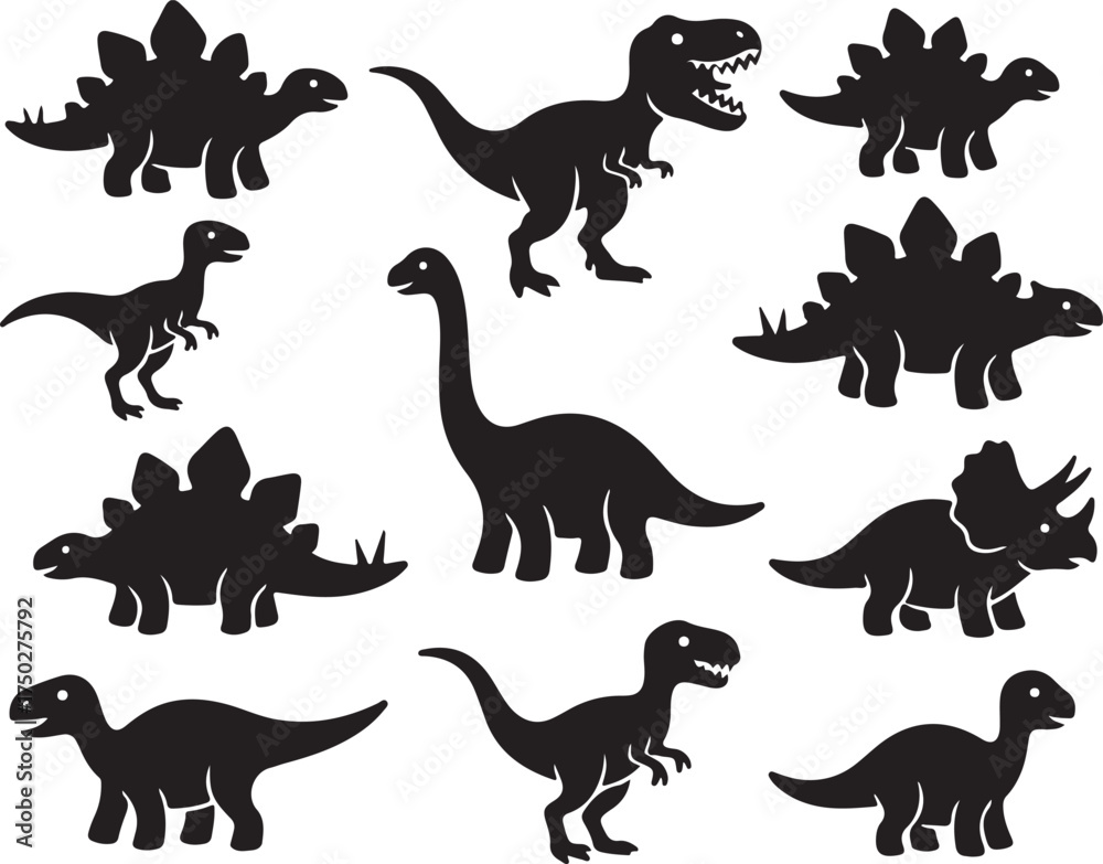 Obraz premium Dinosaur Silhouettes: A collection of diverse dinosaur silhouettes showcasing the awe-inspiring forms of prehistoric reptiles, ready for creative use.