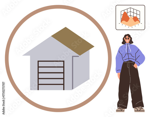 Young woman standing confidently, casual outfit, abstract house illustration, and data chart. Ideal for analytics, real estate, data trends, home lifestyle business and innovation. Simple flat