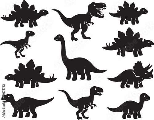 Dinosaur Silhouettes: A collection of diverse dinosaur silhouettes showcasing the awe-inspiring forms of prehistoric reptiles, ready for creative use.