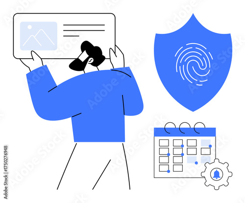 Person holds ID card near shield with fingerprint and calendar, representing security, identity, and planning. Ideal for cybersecurity, scheduling, authentication, privacy, data management