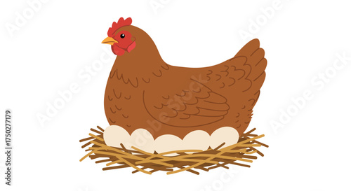 Hen Sitting on Nest with Eggs Illustration.