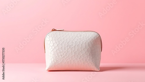 Elegant cosmetic bag on soft pink background, highlighting texture and design.