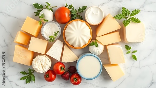 An array of fresh dairy products artfully arranged on a marble surface, showcasing natural textures.