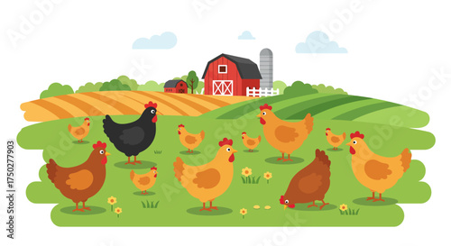 A charming flock of chickens and chicks on a vibrant farm.