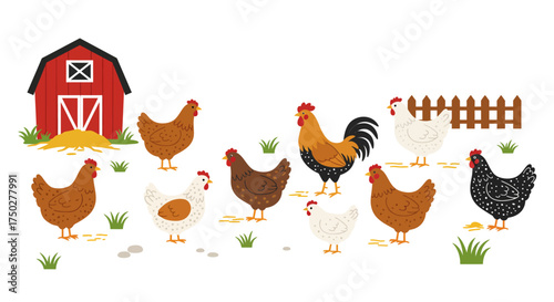 Farmyard Scene with Chickens and Barn Illustration.