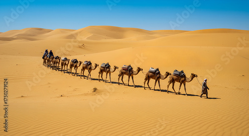 Camel caravan walking through golden sand dunes under clear blue sky  
