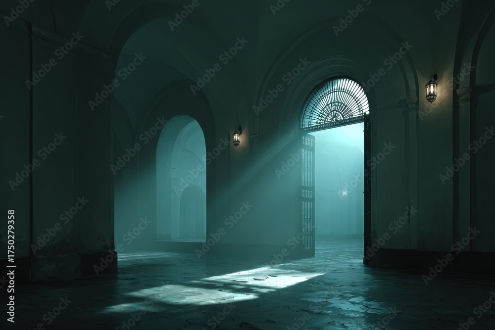 Fototapeta premium Eerie Abandoned Hallway With Sunlight Beams Through Archway And Flickering Lamps