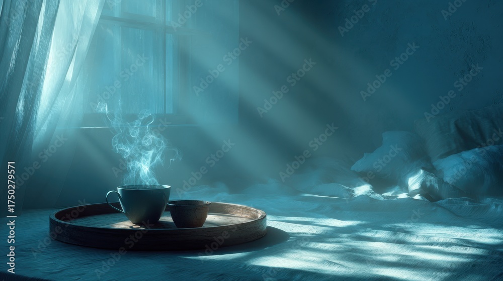 Obraz premium Steaming Mugs on Tray by Window with Sunbeams Dust Motes and Snowy Atmosphere