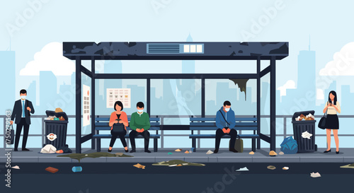A group of people wait at a dirty and damaged bus stop in a city.