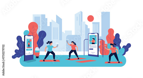 Three women performing a virtual fitness class with a city skyline in the background.