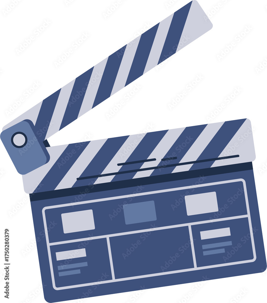 Obraz premium Illustration of a Blue Clapperboard with Diagonal Striped Handle and Square Sections Isolated on Transparent Background