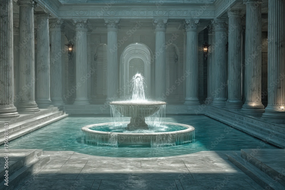 Fototapeta premium Grand Courtyard With Classical Architecture And Water Fountain In Soft Light