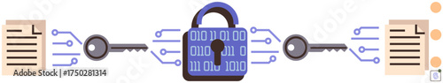 Padlock with binary design between keys and documents connected via circuits. Ideal for cyber security, data encryption, privacy, information safety, digital protection, secure access, simple flat