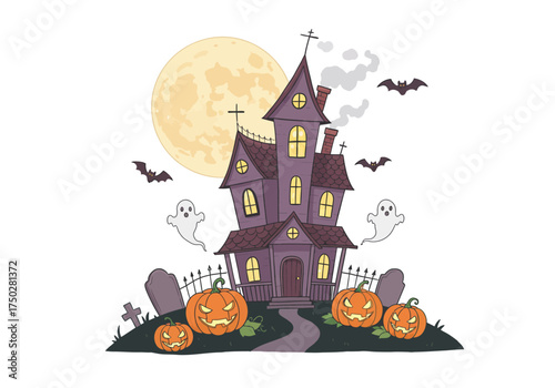A set of 6 elements — cute haunted house, full moon, bats, ghosts, and pumpkins — cartoon illustration with white background, soft color palette, child-friendly spooky style.