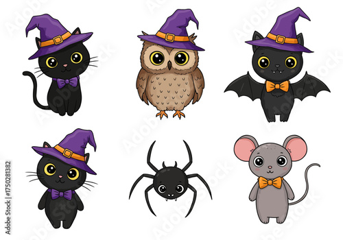 A set of 6 cartoon animals for Halloween — black cat, owl, bat, spider, and mouse — each wearing a witch hat or bow tie, cute and friendly expressions, white background.
