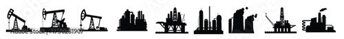 vector icons of oil derricks and gas mining plants