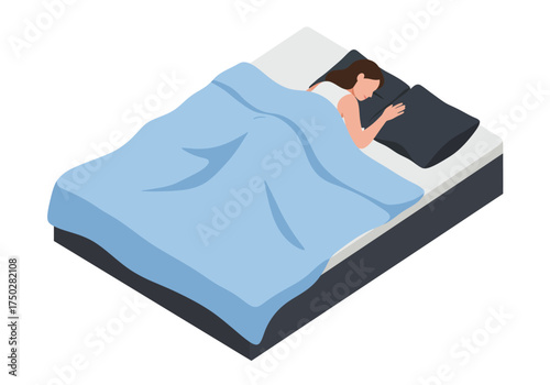Person sleeping peacefully under a light blue blanket on a comfortable bed daytime relaxation vector on white background