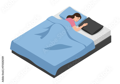 Woman sleeping soundly in bed with a blanket covering her and a pillow supporting her head vector on white background