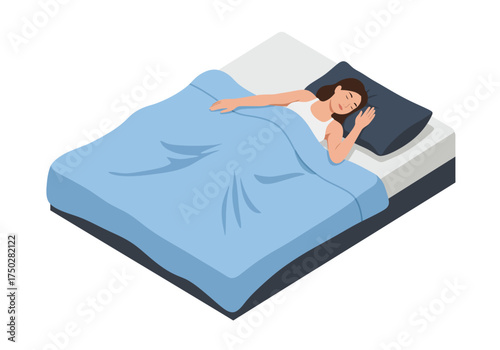 Person sleeping peacefully in bed under a blue blanket on a with pillows vector on white background