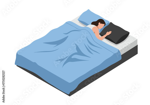 Person sleeping peacefully under a blue duvet in a comfortable bed resting well vector on white background