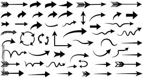 Diverse collection of hand-drawn arrow icons and symbols for navigation and directional cues vector on white background