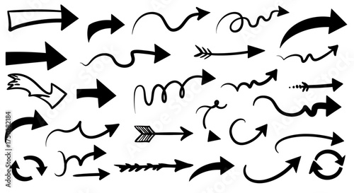 Collection of diverse arrow graphics various styles shapes and directions indicating movement and guidance vector on white background