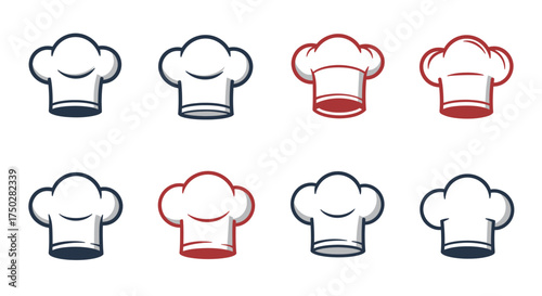 Collection of chef hats in various styles and colors for culinary professionals and food service. vector on white background