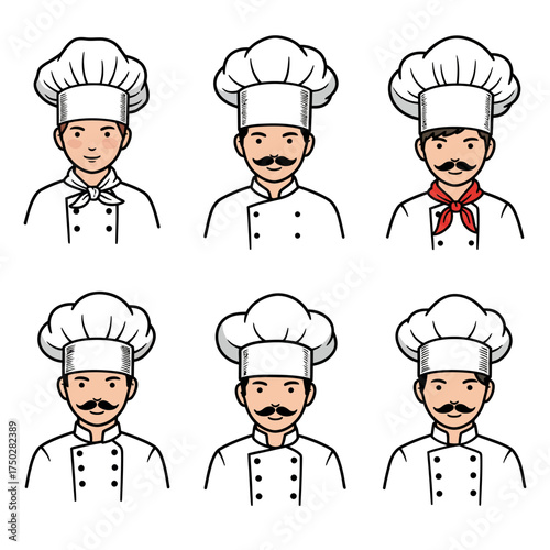 Collection of six diverse male chefs in traditional toques and uniforms ready for culinary excellence vector on white background