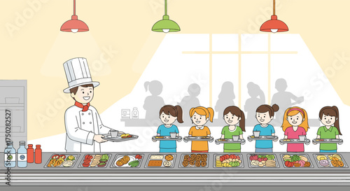 Children are lined up for food at a cafeteria with a chef serving them.