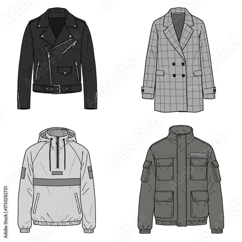 Four fashion jackets and coats arranged in a grid for style inspiration vector on white background