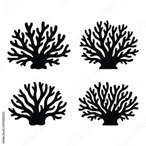 Four detailed black silhouettes of branching coral reef marine life organisms for underwater ocean design elements silhouette