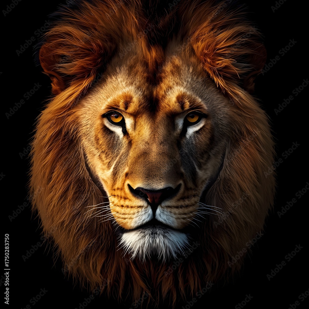 Fototapeta premium Highly detailed majestic lion portrait with intense golden eyes and rich textured mane captured against a dark background for wildlife and artistic design