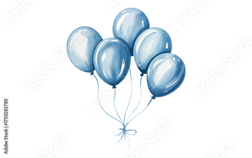 A cluster of five shimmering light blue balloons tied together with white strings floating upwards