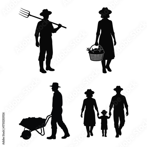 Silhouettes of farmers family agricultural workers with tools wheelbarrow and harvest basket demonstrating rural life and farming activities silhouette